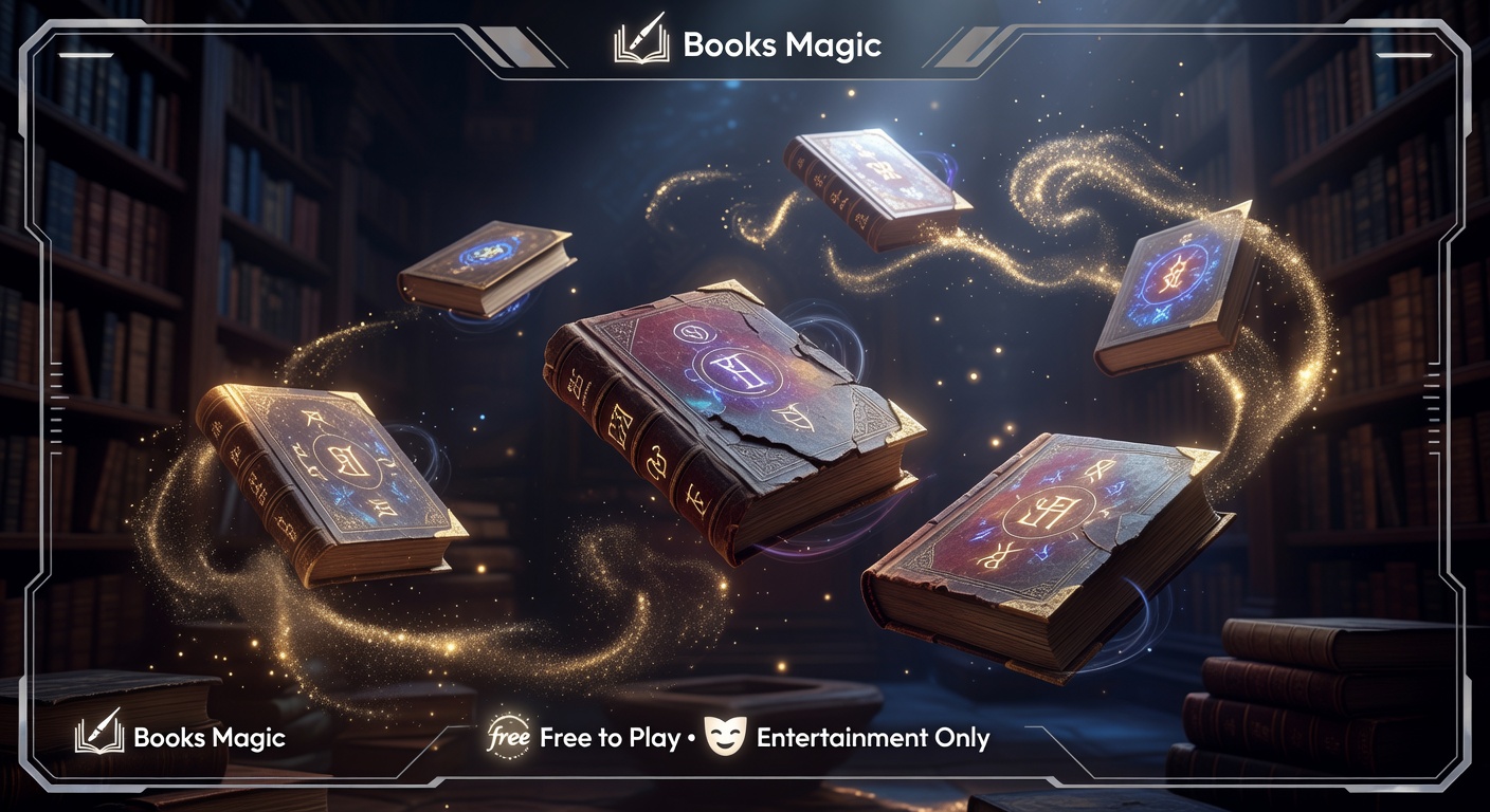 High-definition mock interface of Books Magic game featuring magical books and gold particles